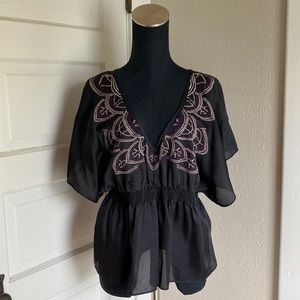 Aqua Black Top With V-Neck And Embroidery Detail
